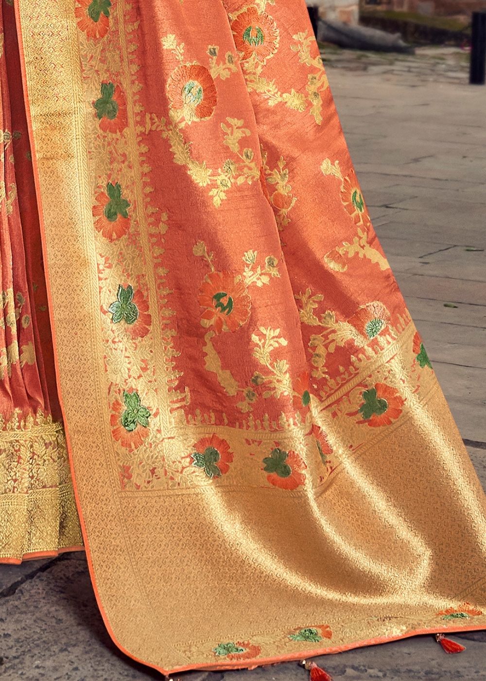 Carrot Orange Chanderi-Banarasi Fusion Woven Saree